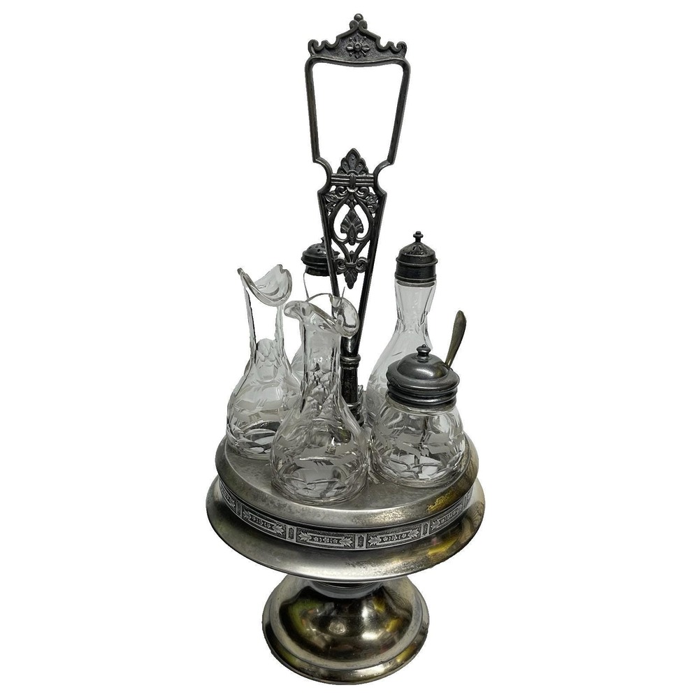 Antique 1800s Hall Elton Cruet Set Condiment Caddy Victorian Era Etched Glass